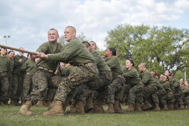 U.S. Marines with Fox Company, 2nd Battalion, and Oscar Company, 4th Battalion, Recruit Training Regiment, take part in Tug-of-War during the Field Meet at 4th Recruit Training Battalion physical training field on Marine Corps Recruit Depot, Parris Island, S.C., April 21, 2018. (U.S. Marine Corps/Cpl. Sarah Stegall) - Image Source DOD