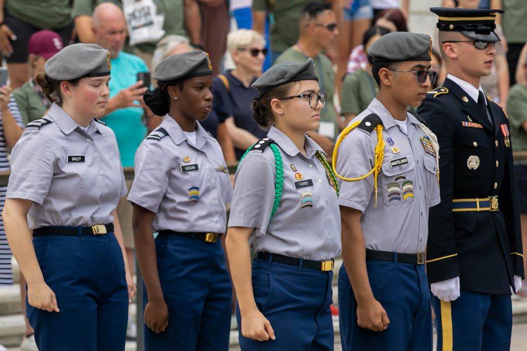   Army JROTC cadets participate in a wreath-laying ceremony at the Tomb of the Unknown Soldier in Arlington National Cemetery on June 21, 2022, in Arlington, Virginia. (US Army Cadet Command / Flickr)